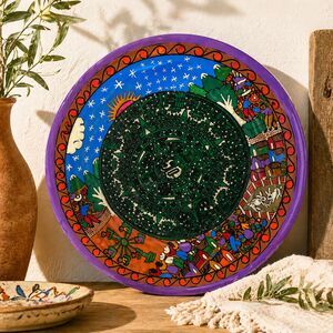 Hand Painted Clay Plate Aztec Calendar Folk Art 12” Mexico